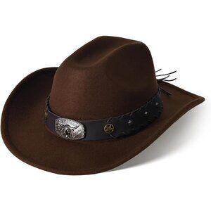 Unisex Coffee Western with Bull Skull Buckle Band Classic Fedora Cowboy Felt Hat